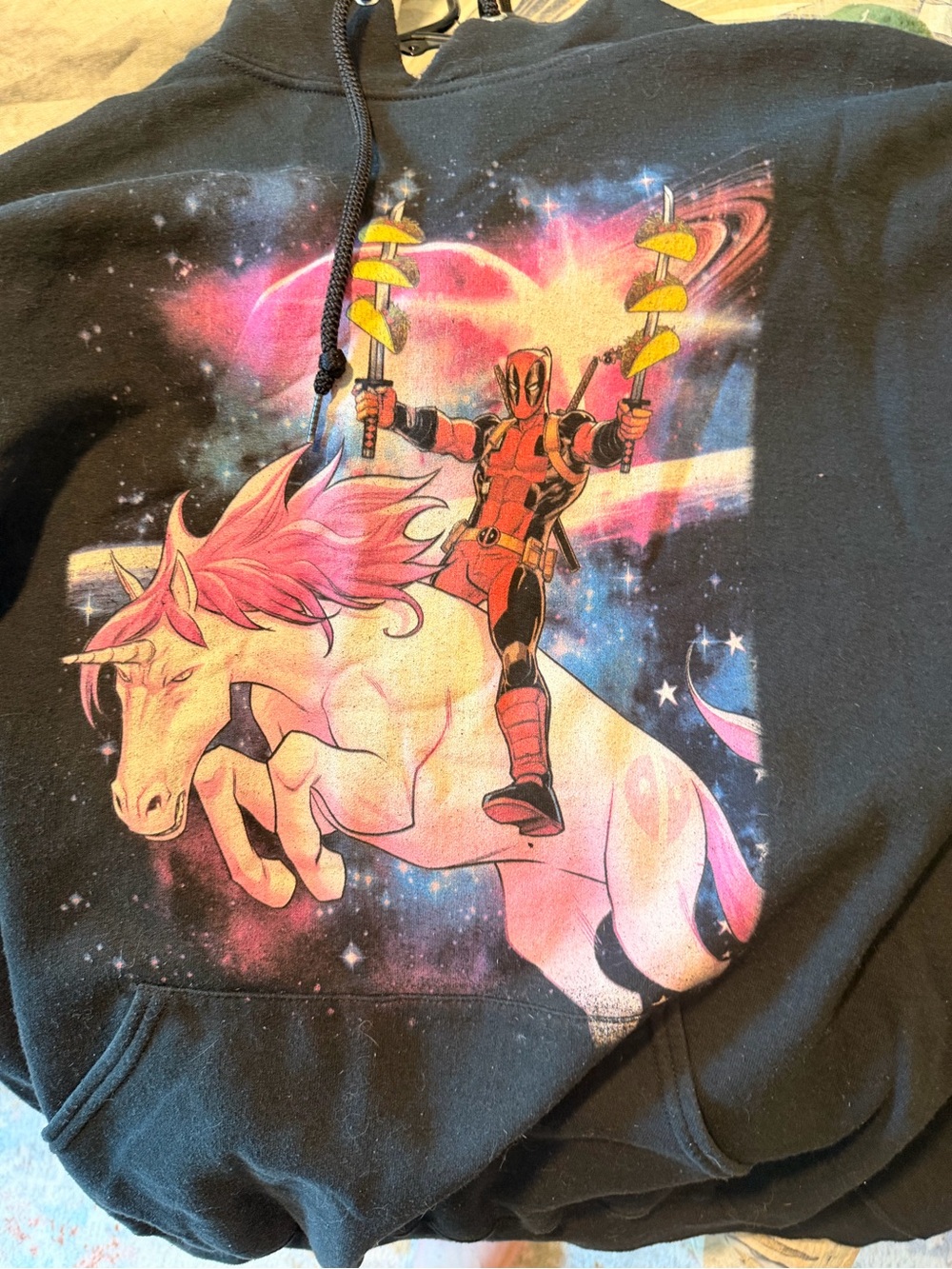 Marvel Black Hoodie with Pink Unicorn & Deadpool Graphic